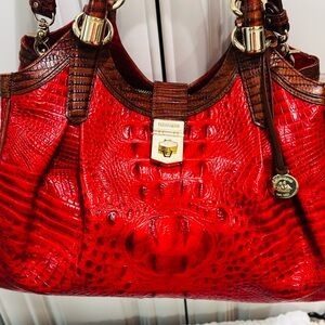 Brahmin Red Croc-Embossed Satchel with Brown Trim